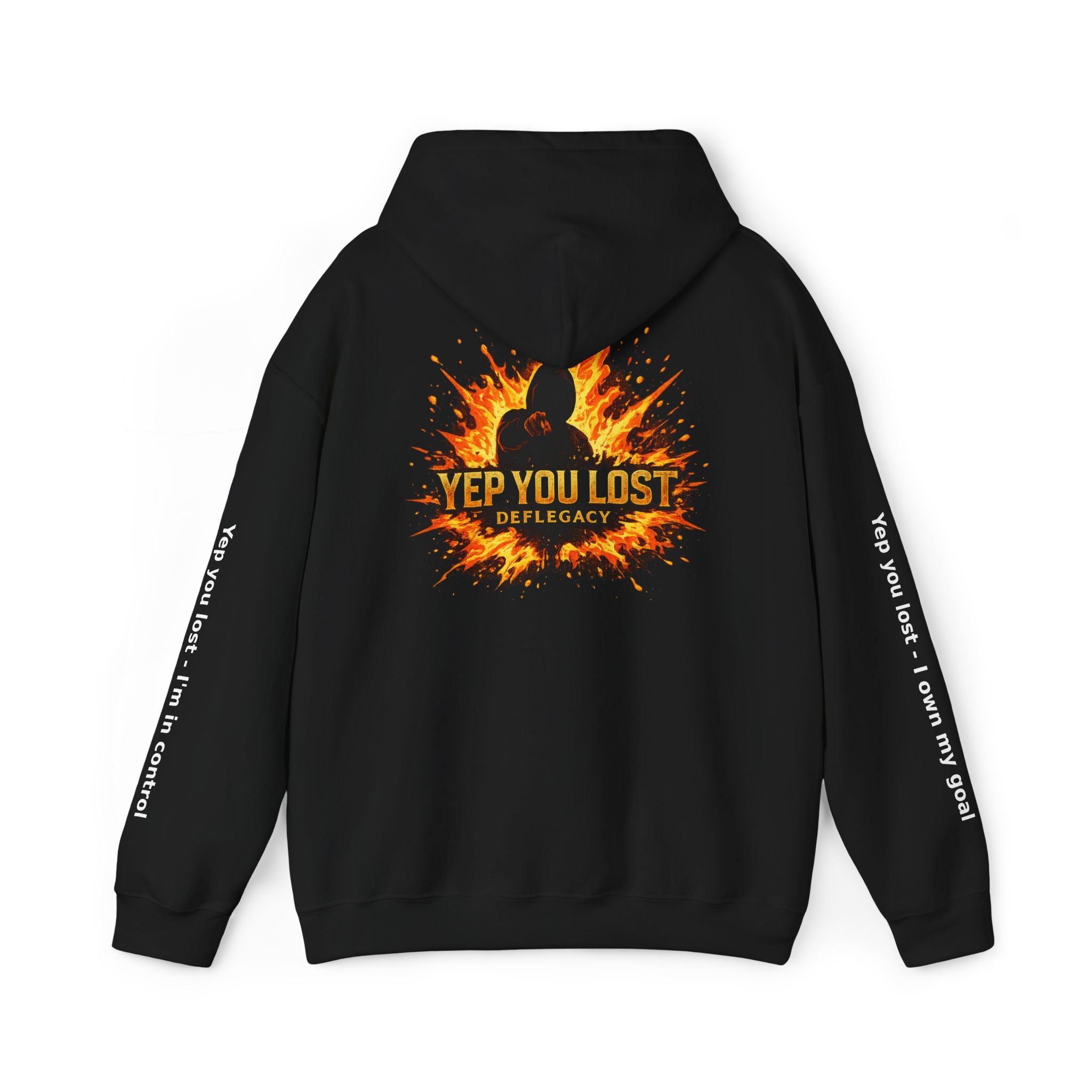 Yep You Lost Deflegacy Hoodie | Flaming Silhouette Back, Sleeve Text