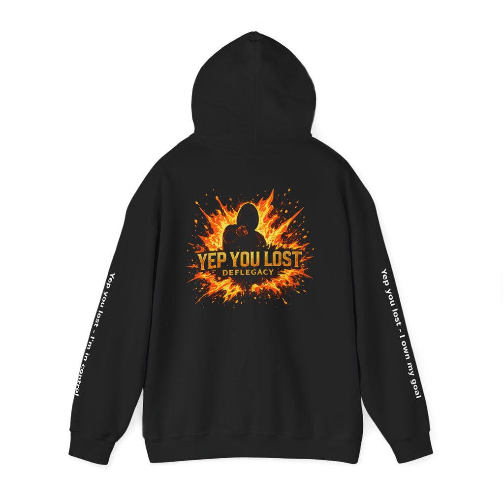 Yep You Lost Deflegacy Hoodie | Flaming Silhouette Back, Sleeve Text