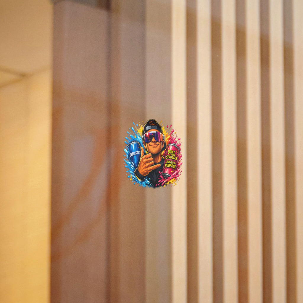 Die-Cut Sticker — Colorful Energy Character with “Built From Struggle, Driven By Purpose” Cans