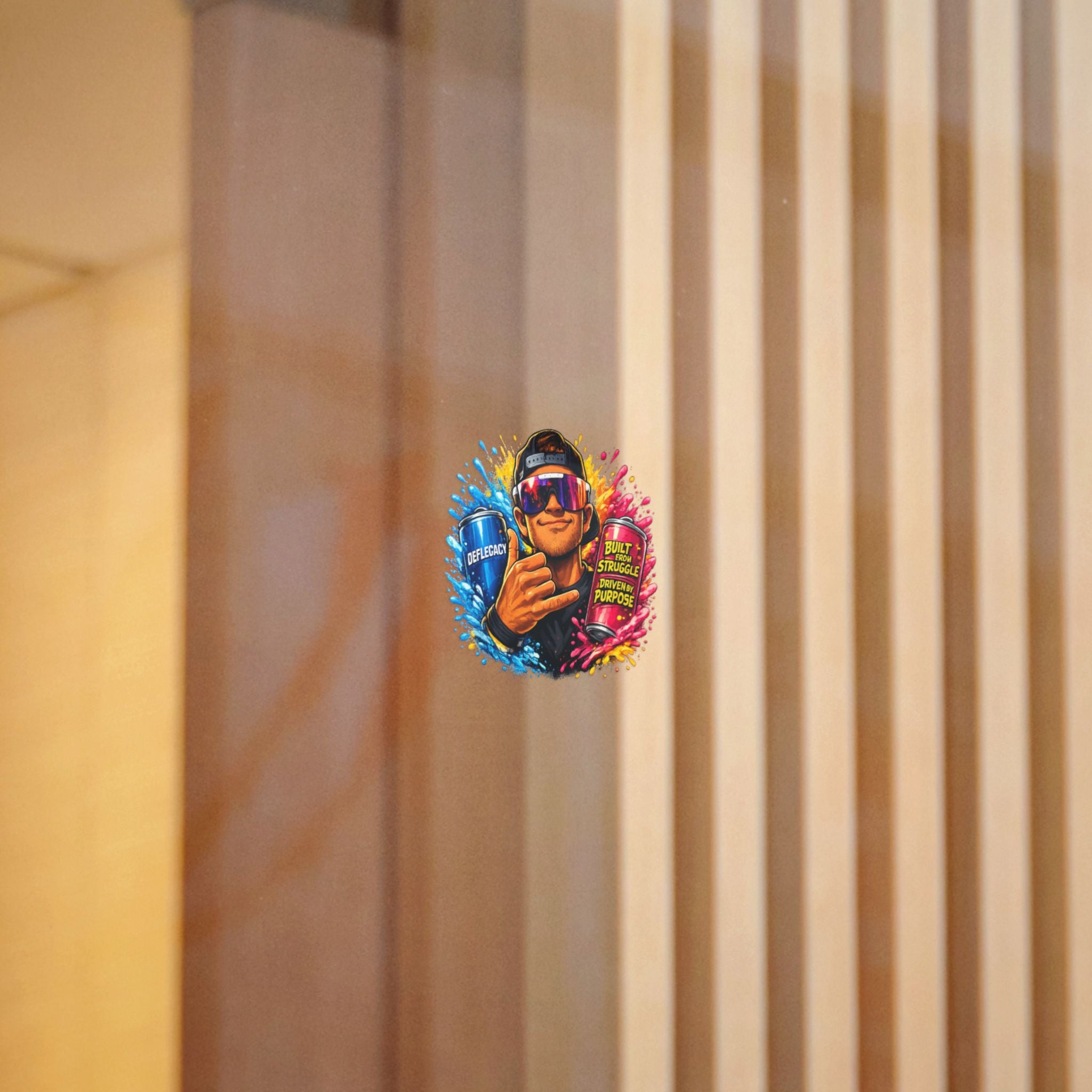 Die-Cut Sticker — Colorful Energy Character with “Built From Struggle, Driven By Purpose” Cans