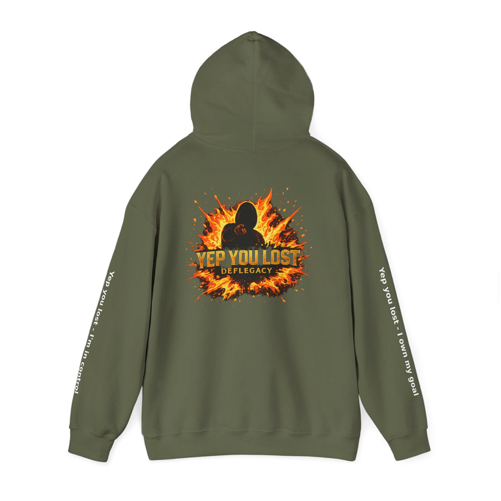 Yep You Lost Deflegacy Hoodie | Flaming Silhouette Back, Sleeve Text
