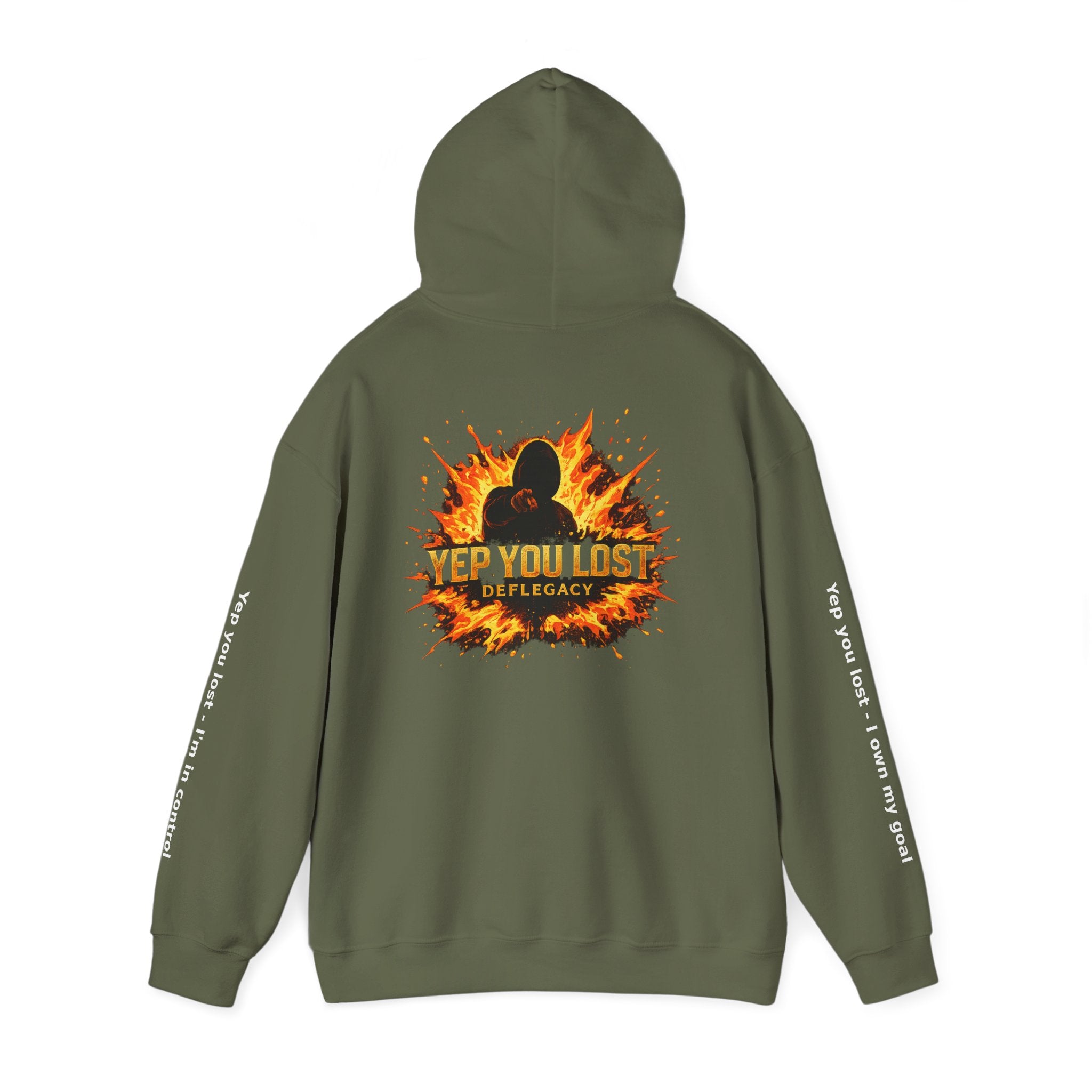 Yep You Lost Deflegacy Hoodie | Flaming Silhouette Back, Sleeve Text