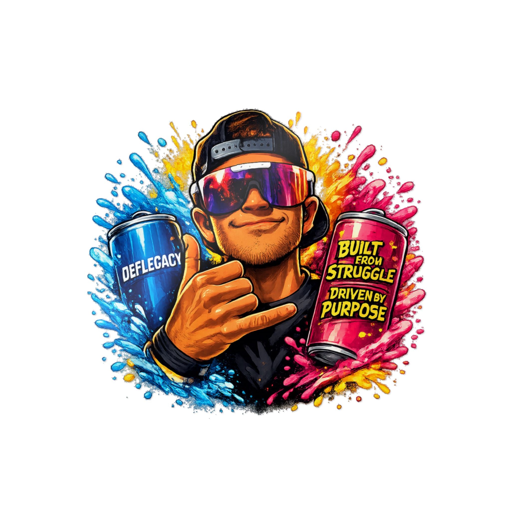 Die-Cut Sticker — Colorful Energy Character with “Built From Struggle, Driven By Purpose” Cans