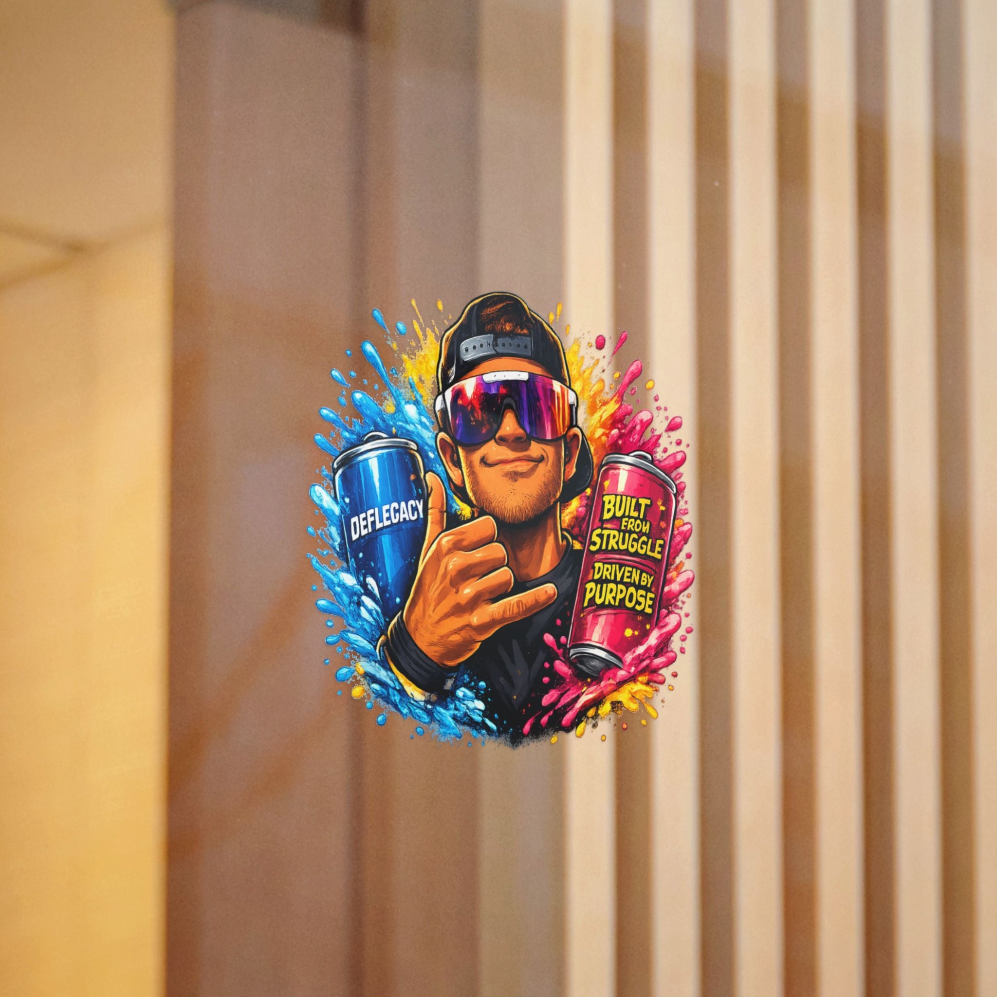 Die-Cut Sticker — Colorful Energy Character with “Built From Struggle, Driven By Purpose” Cans