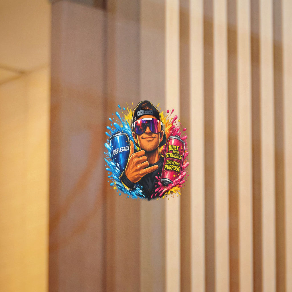 Die-Cut Sticker — Colorful Energy Character with “Built From Struggle, Driven By Purpose” Cans