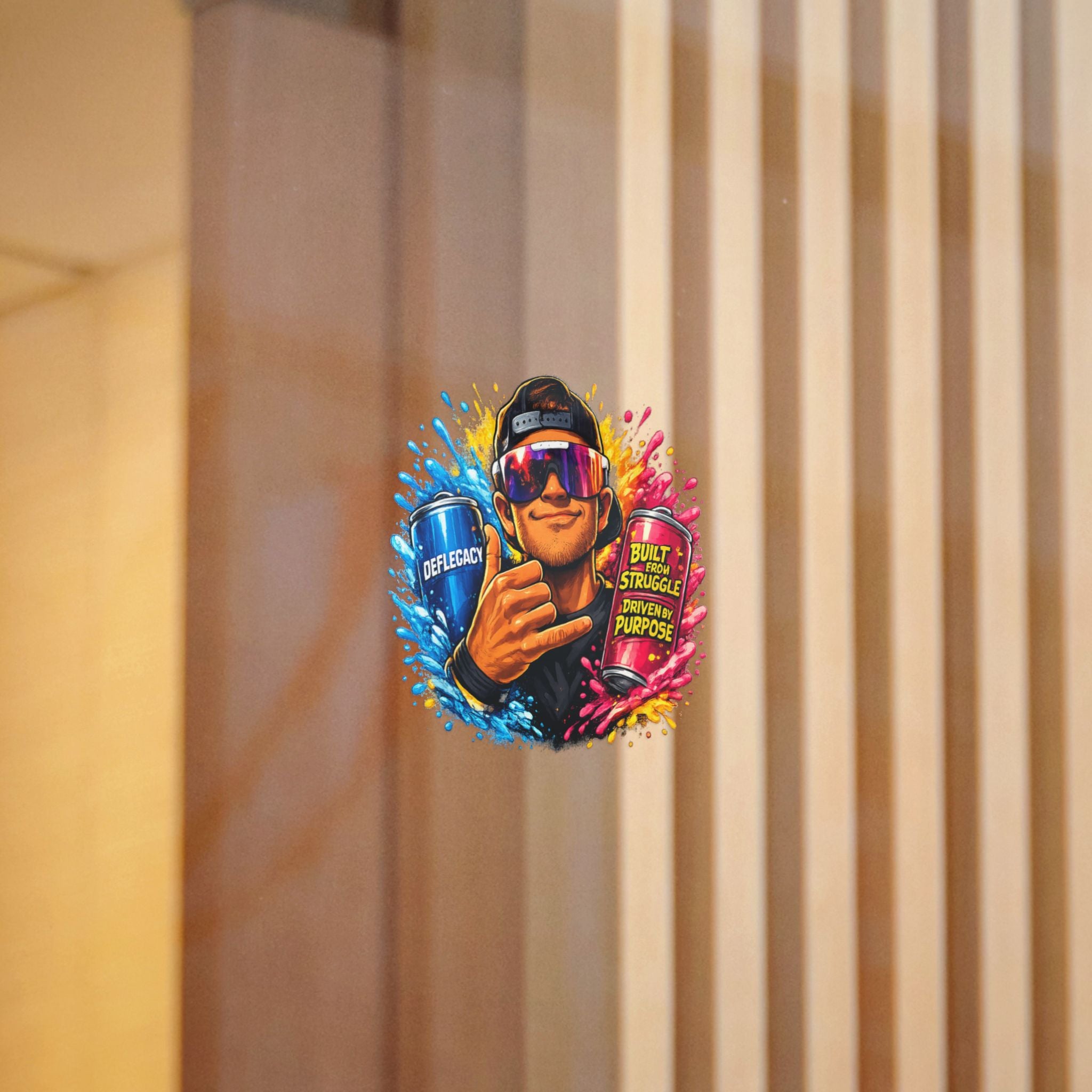 Die-Cut Sticker — Colorful Energy Character with “Built From Struggle, Driven By Purpose” Cans