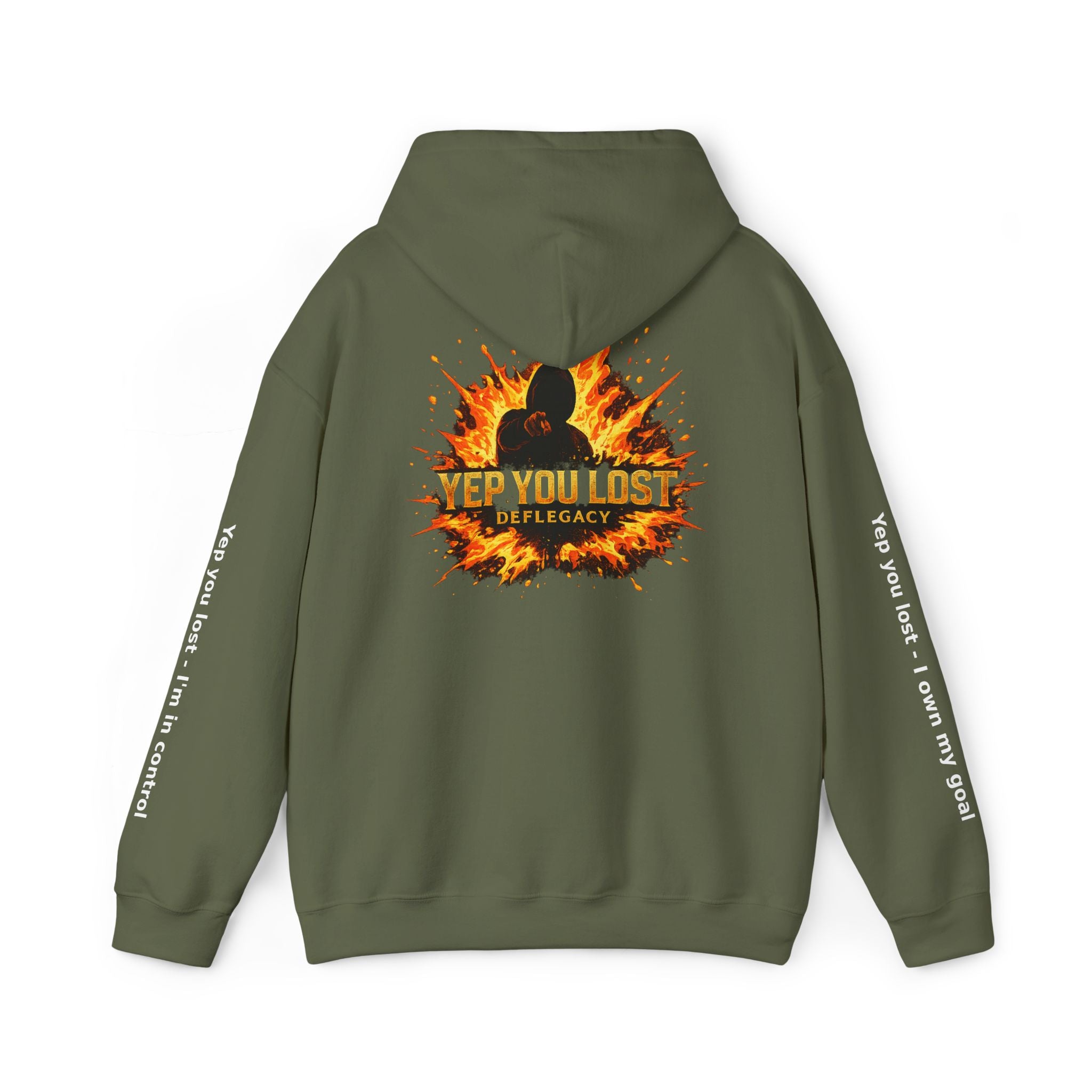Yep You Lost Deflegacy Hoodie | Flaming Silhouette Back, Sleeve Text