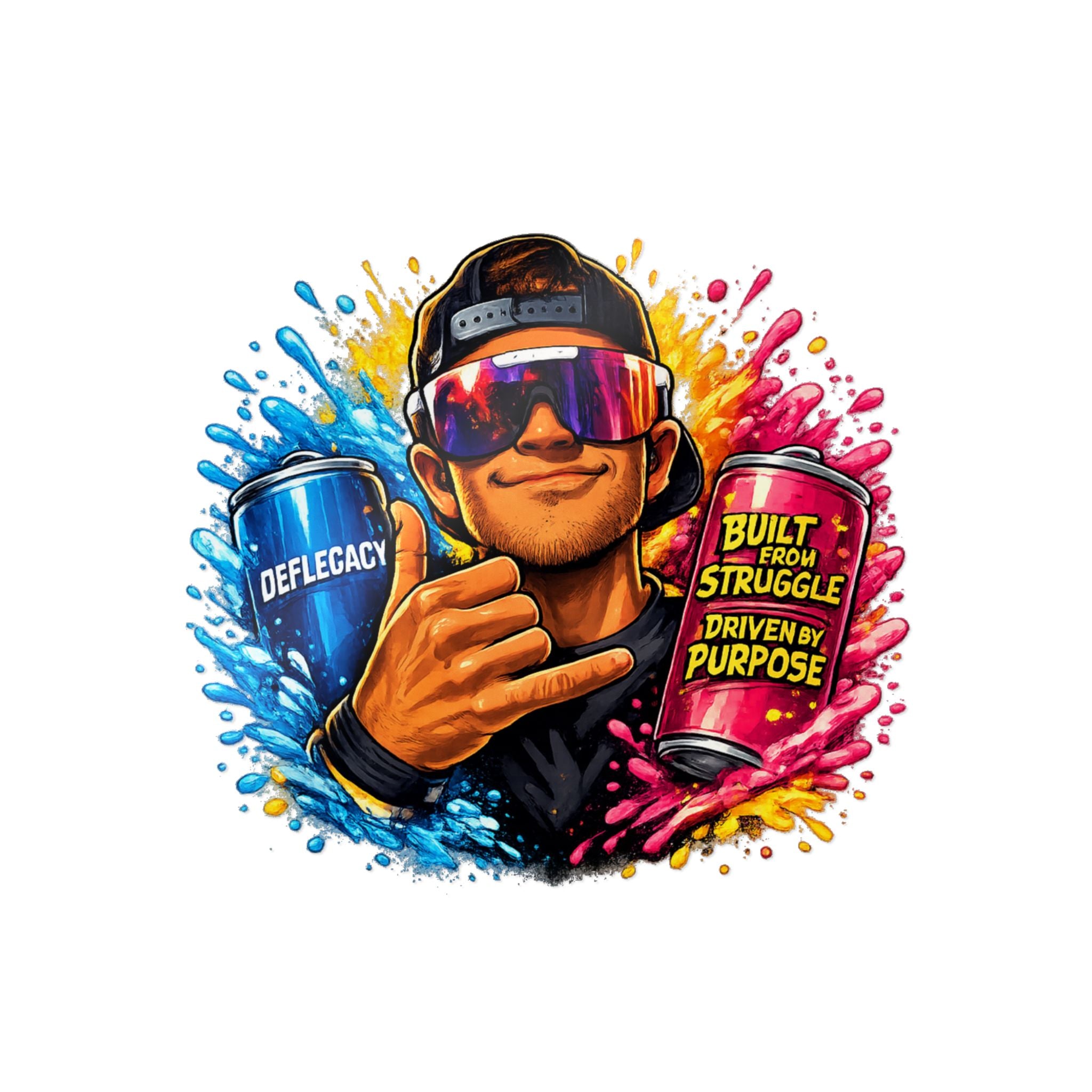 Die-Cut Sticker — Colorful Energy Character with “Built From Struggle, Driven By Purpose” Cans